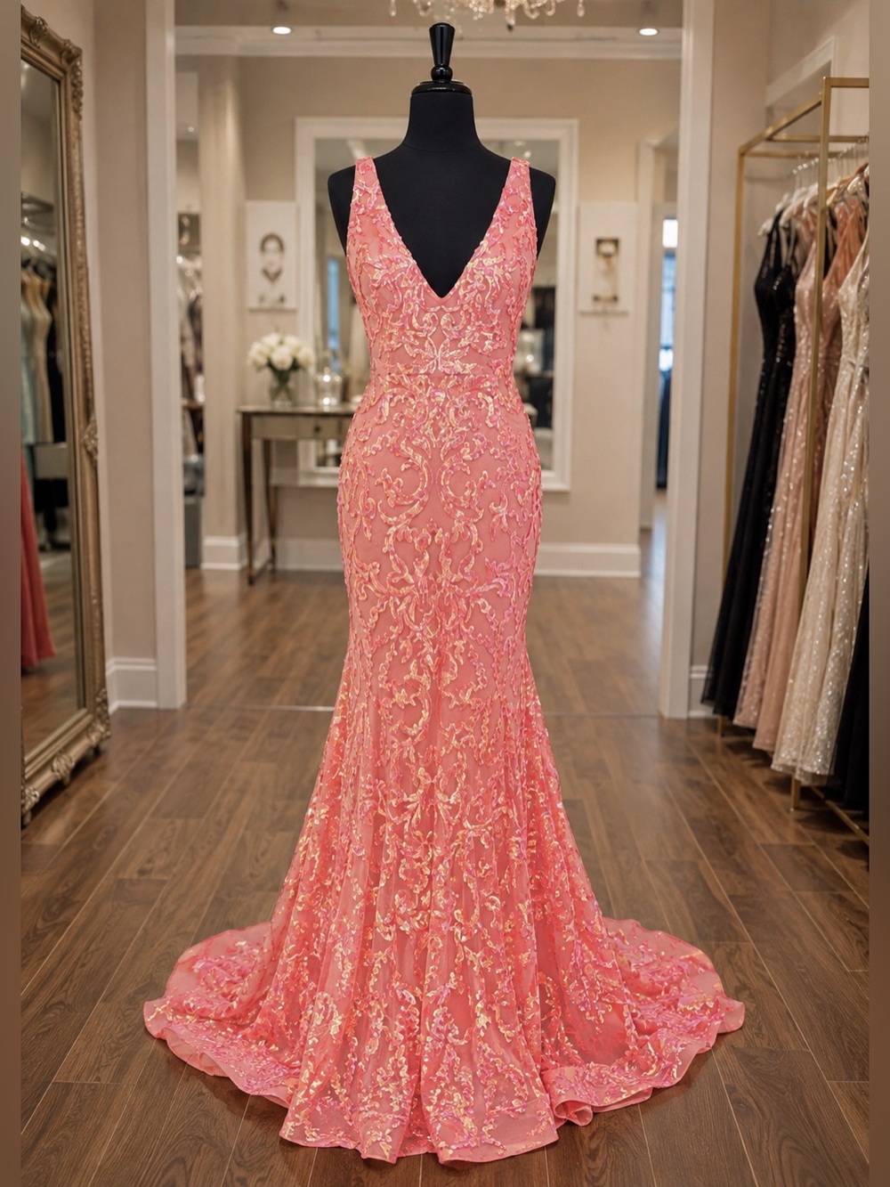 NWT Jovani 22811 Size 4 Iridescent Coral Sequin Mermaid Prom Evening Gown